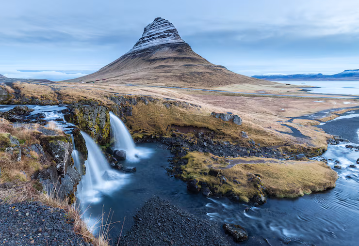 Kirkjufell mountain and waterfalls in winter